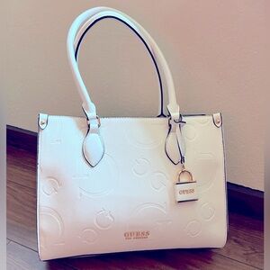 GUESS Oak Park Logo Large White Tote Bag Handbag with Gold Accents